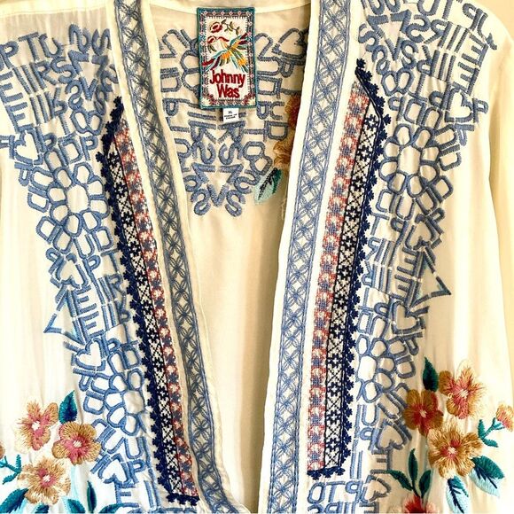 Johnny Was Utopia Kimono 100% Silk Floral Letter Embroidered Cream Blue Size XL - Picture 7 of 16